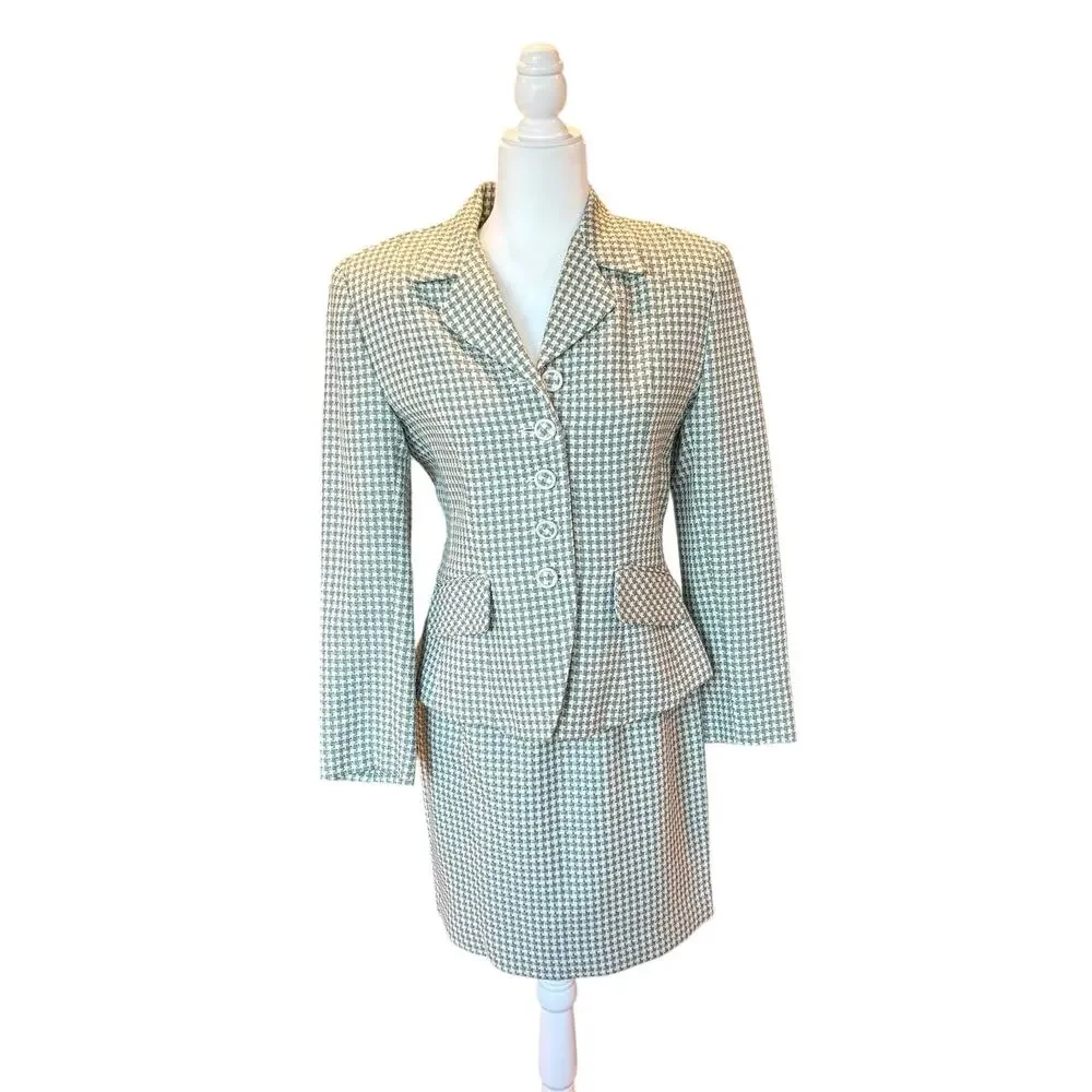 Vintage Barami Sage Green Houndstooth Skirt Suit Set Size 8